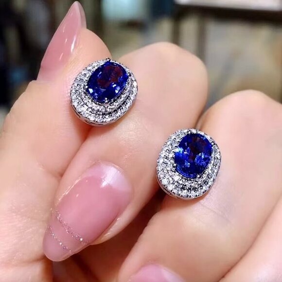 NEW 18k White Gold Blue Sapphire Diamond Earrings Oval Earrings - Picture 3 of 4